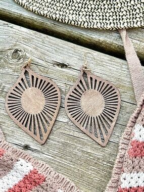 Sunburst laser cut wooden Teardrop Earrings w resort vacay beach hippy vibe